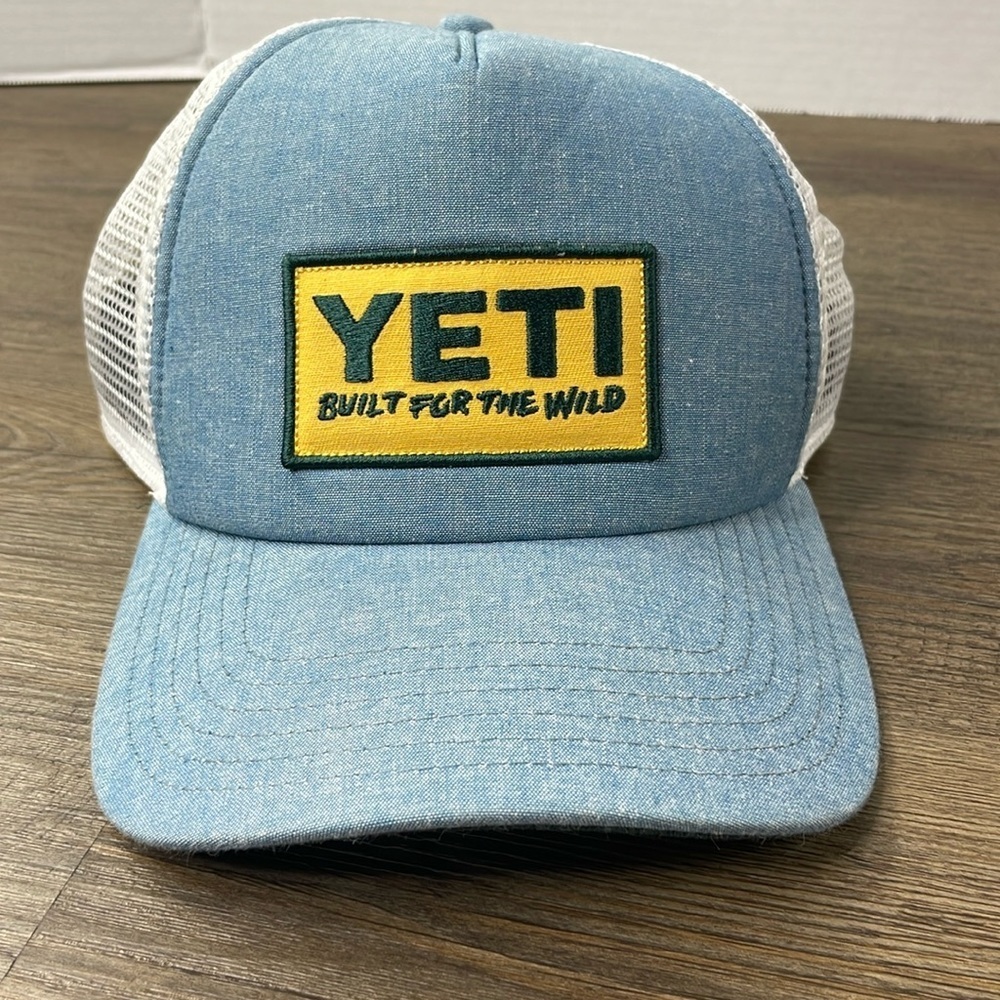 Yeti Coolers Built for the Wild Blue Yellow White Mesh Back Trucker Hat